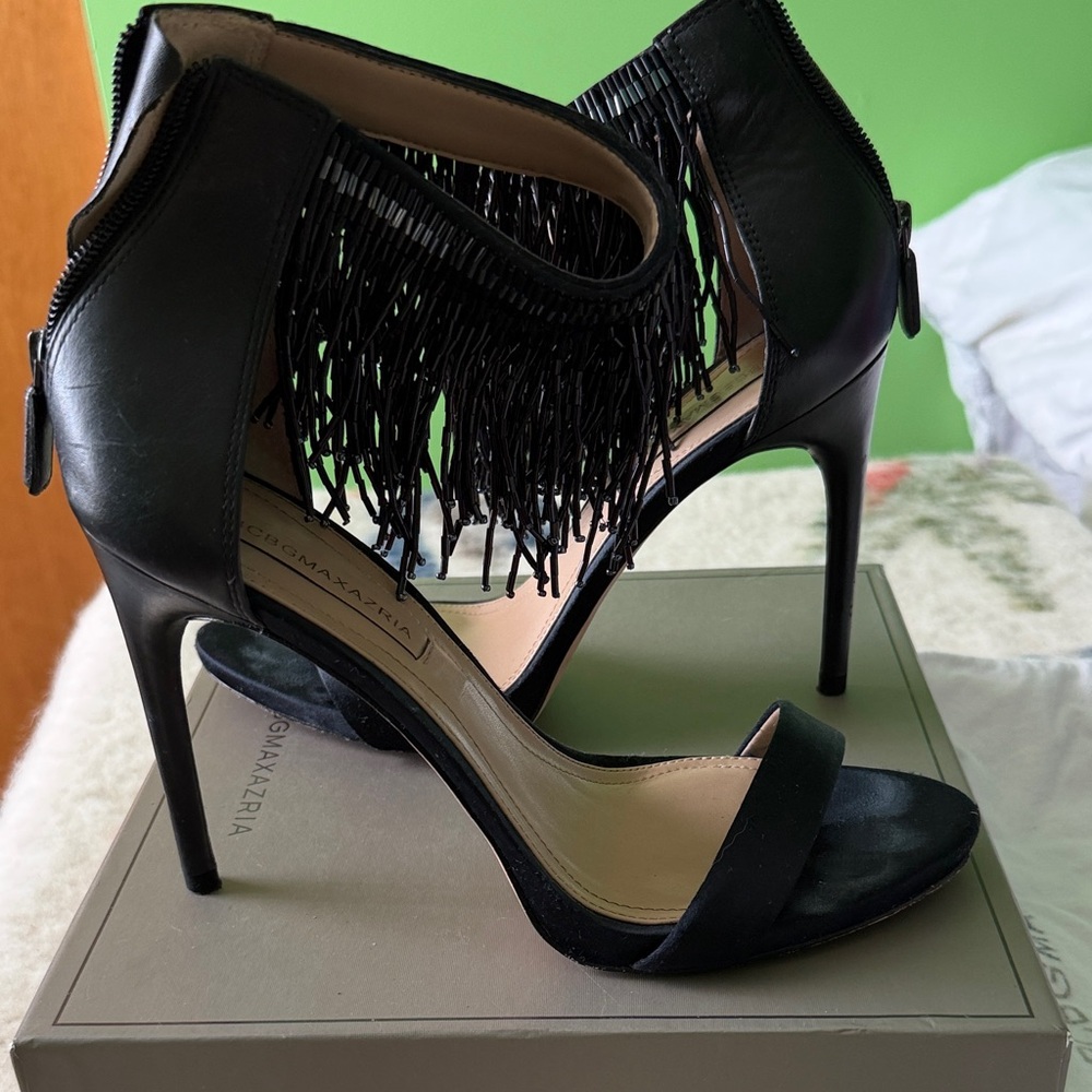 BCBGMaxAzria Black Fringe Stiletto Heels